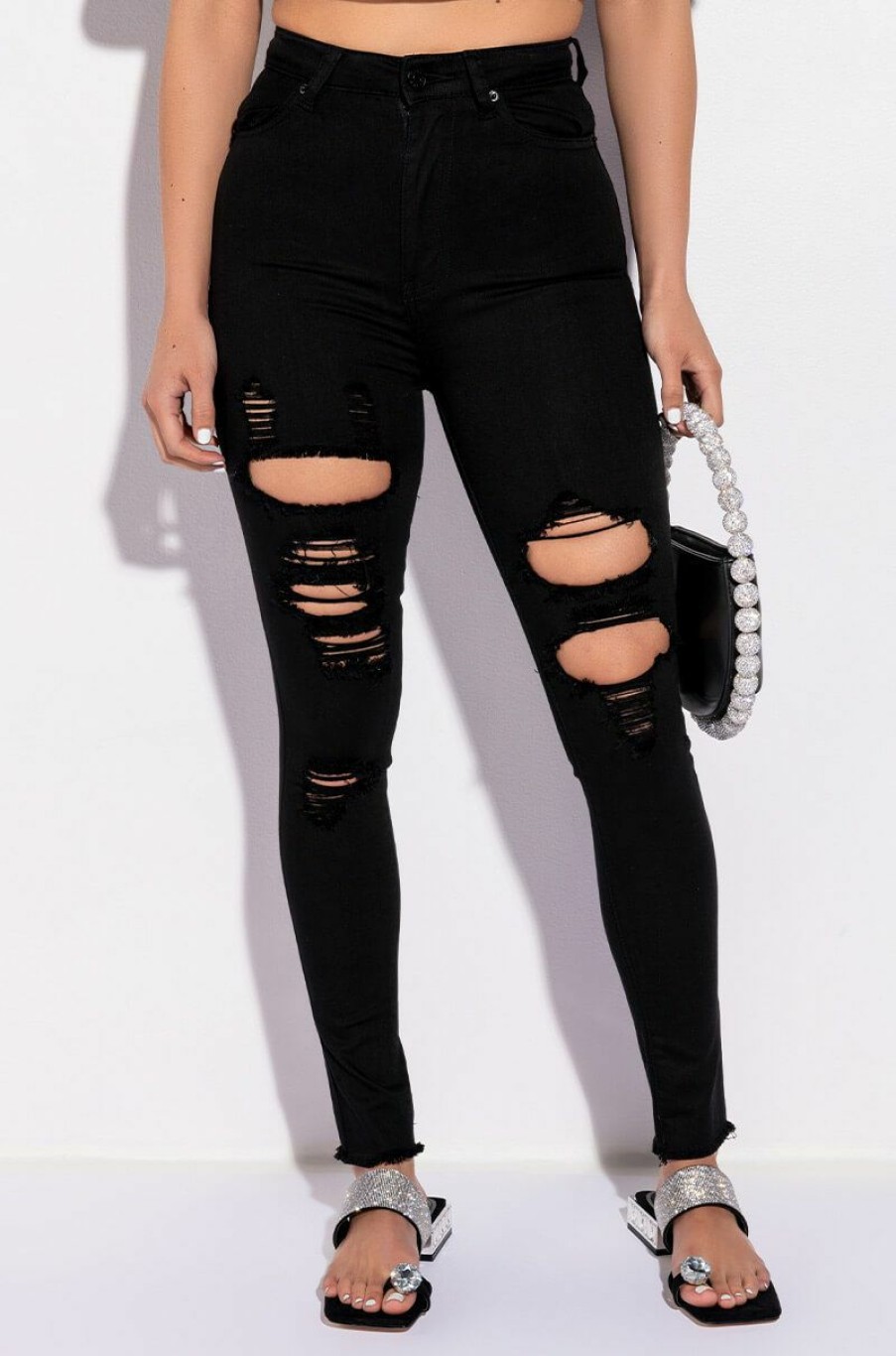 Bottoms * | Sandy High Waisted Destroyed Frayed Skinny Jean Black