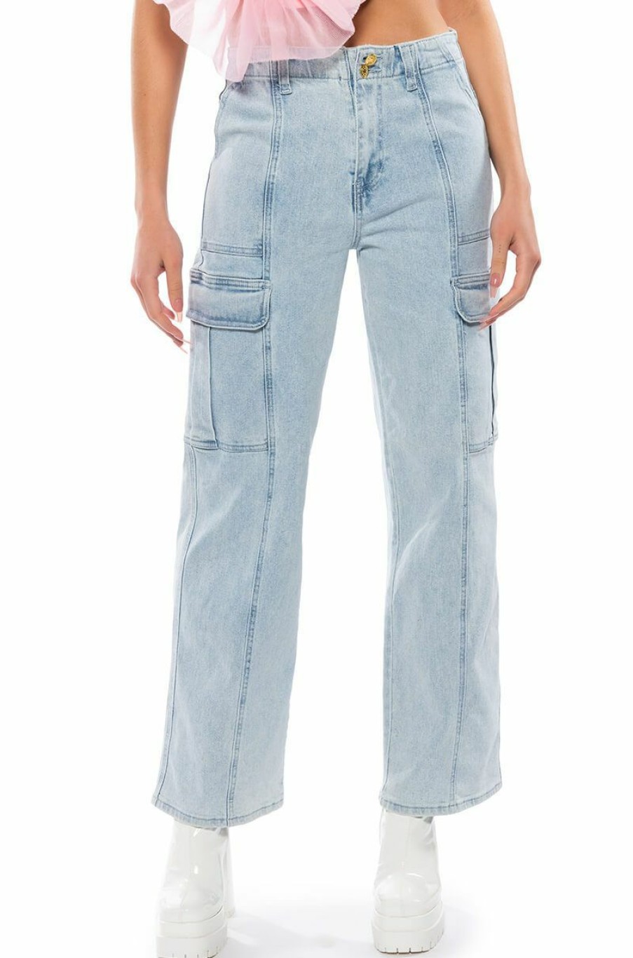 Bottoms * | Eliza Denim Cargo Pant Light Blue Denim