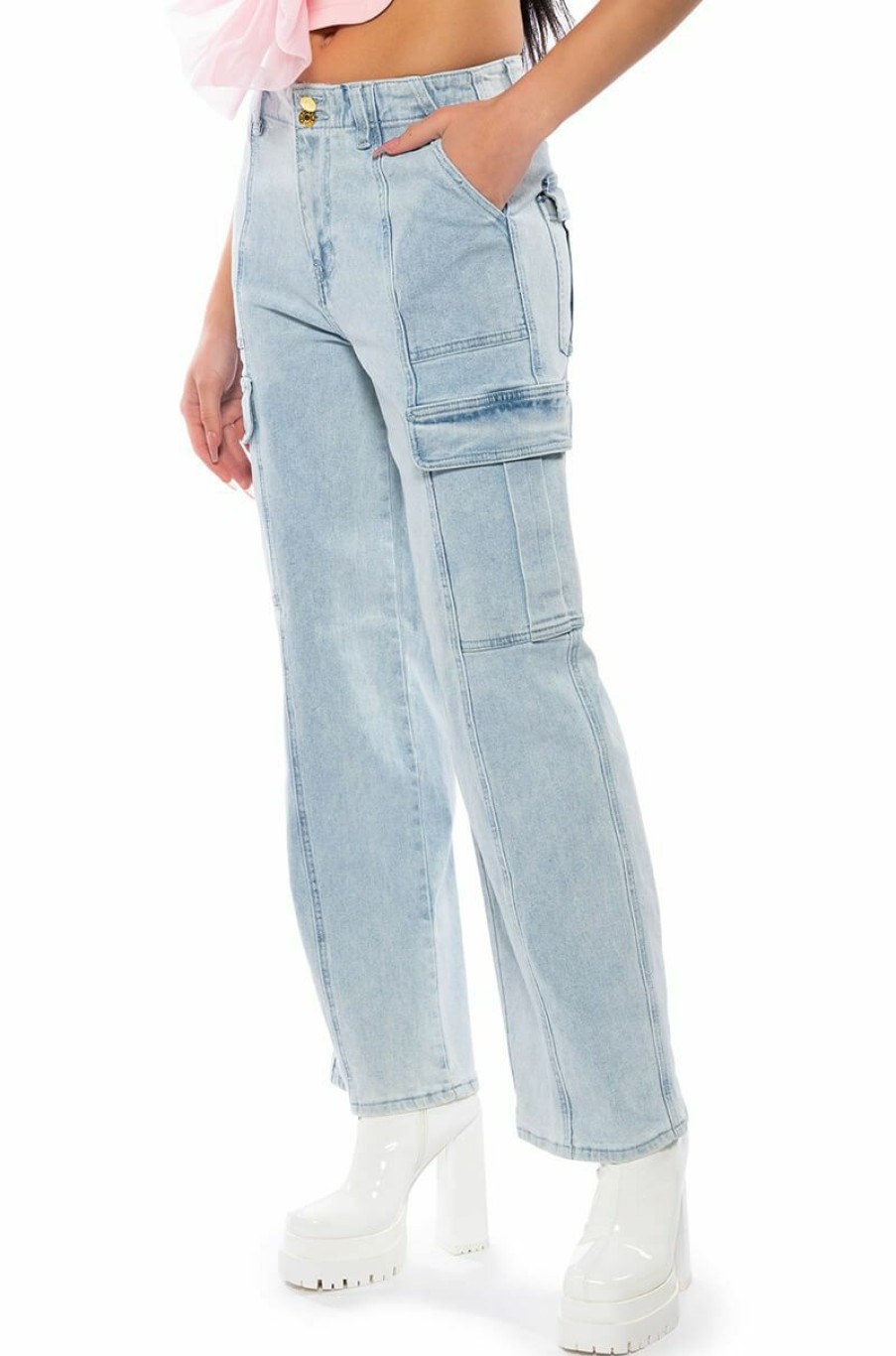 Bottoms * | Eliza Denim Cargo Pant Light Blue Denim