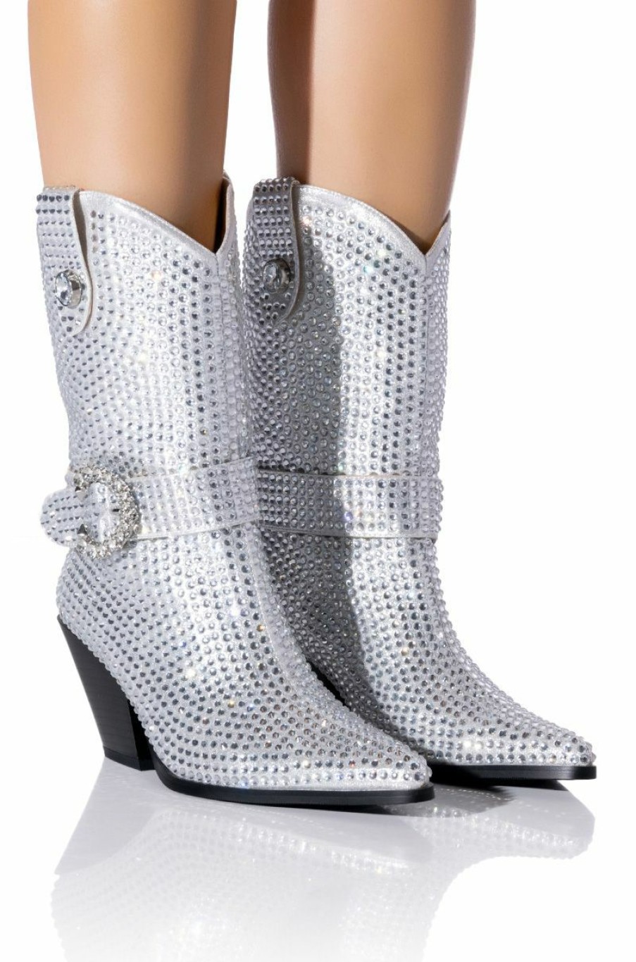 Shoes * | Azalea Wang Big Slay Rhinestone Embellished Western Bootie In Silver