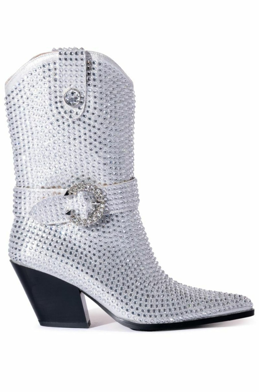 Shoes * | Azalea Wang Big Slay Rhinestone Embellished Western Bootie In Silver