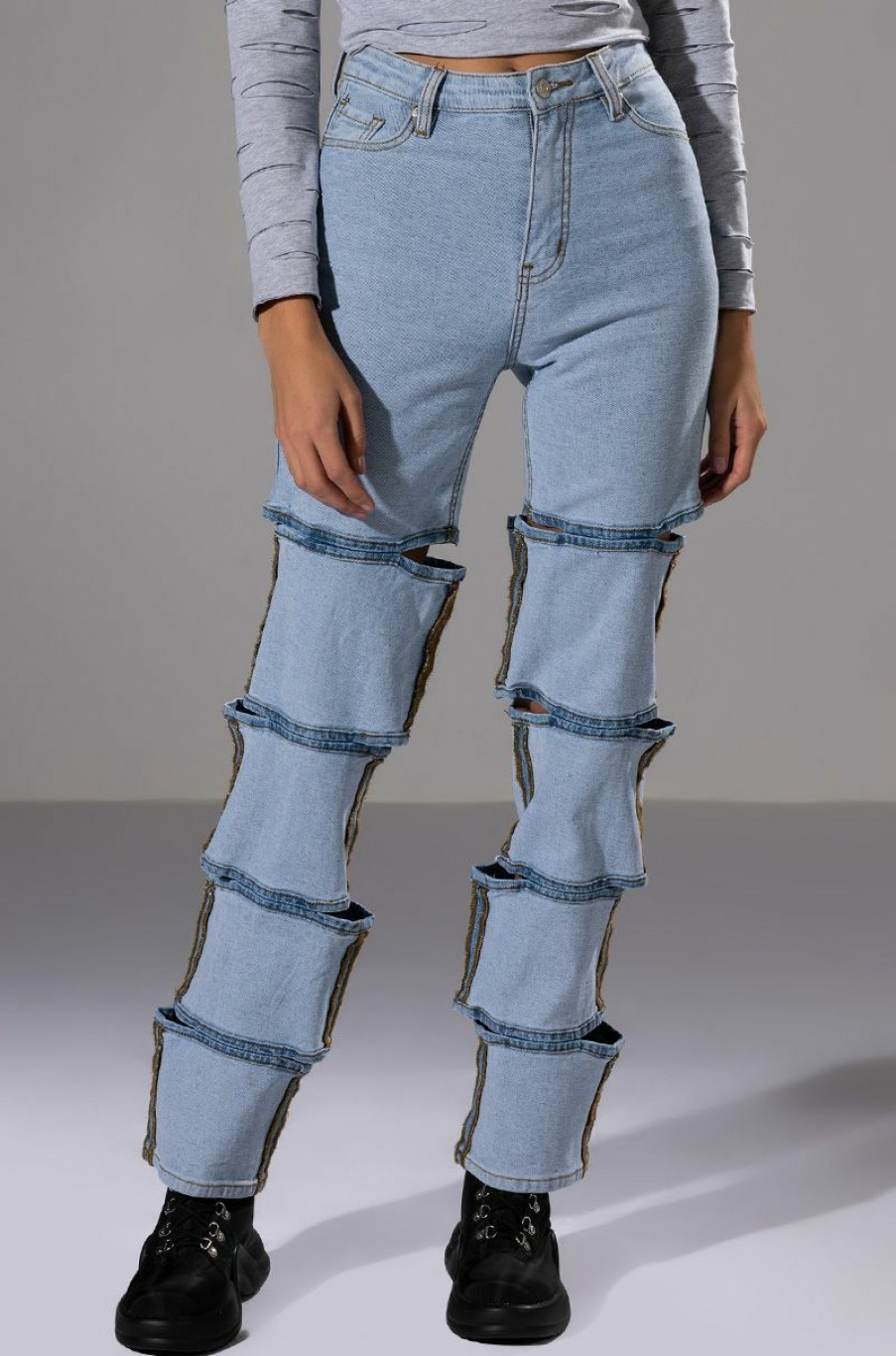 Bottoms * | Temptation High Rise Layered Wide Leg Jean Light Blue Denim