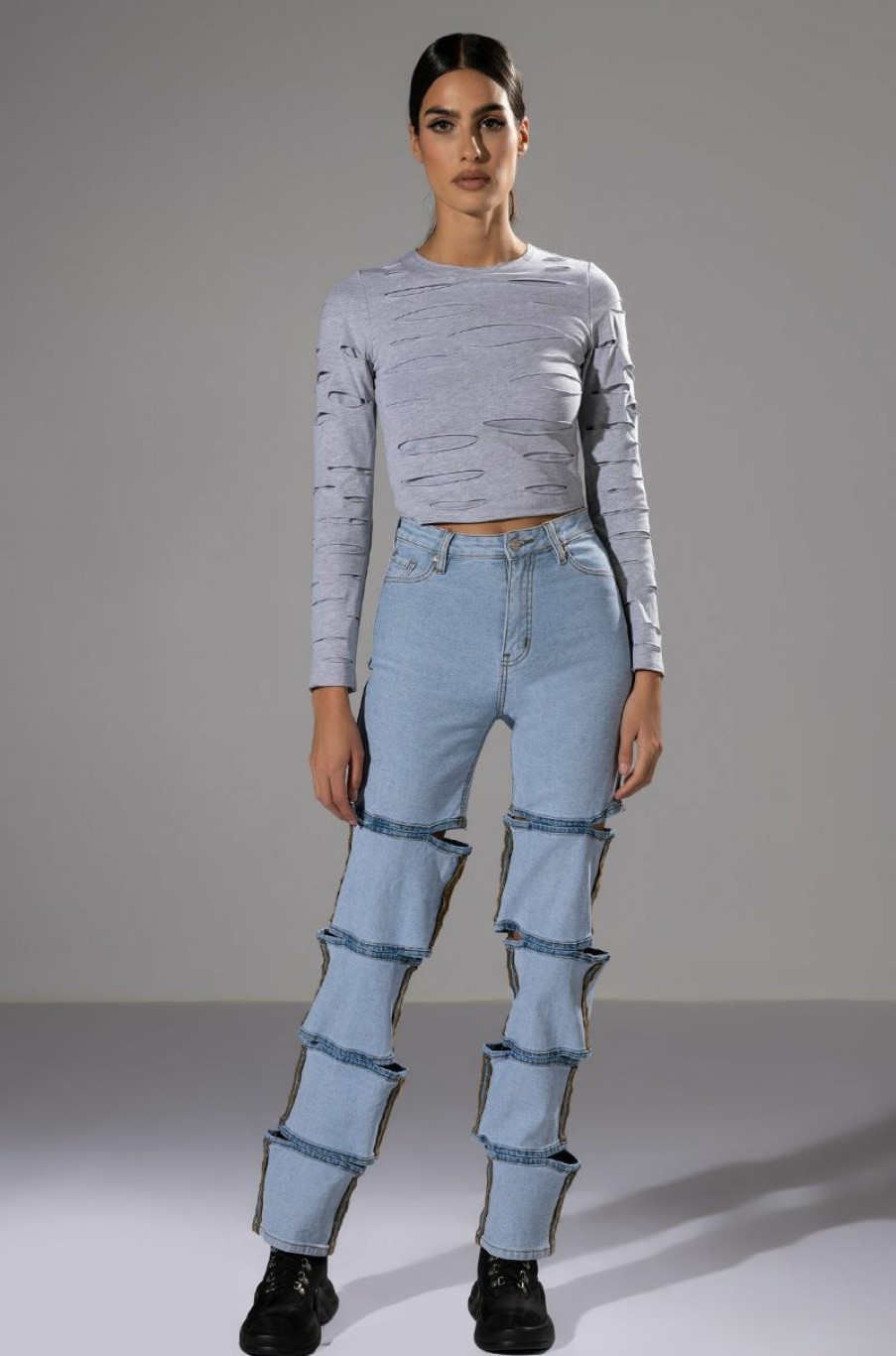 Bottoms * | Temptation High Rise Layered Wide Leg Jean Light Blue Denim