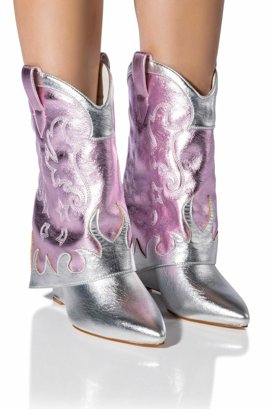 Shoes * | Azalea Wang Party In The Usa Fold Over Western Boot In Metallic Silver