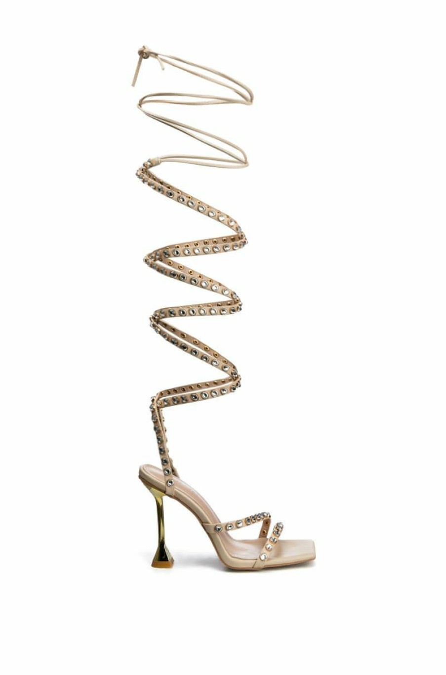 Shoes * | Azalea Wang Seductive Strap Up Bling Chunky Sandal In Beige