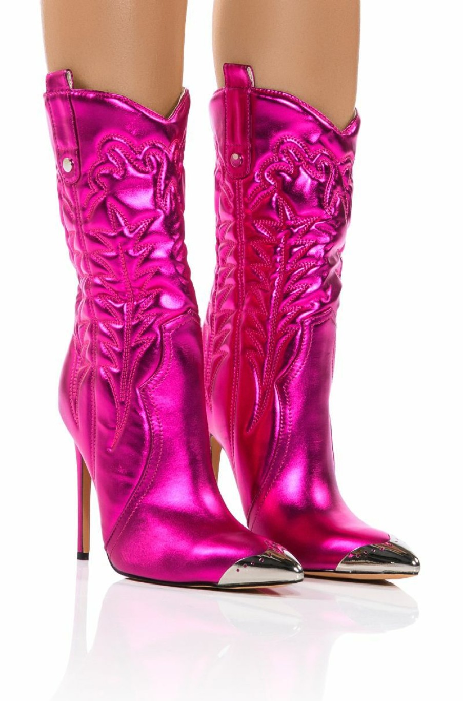 Shoes * | Azalea Wang Passion Metallic Western Stiletto Bootie In Fuchsia