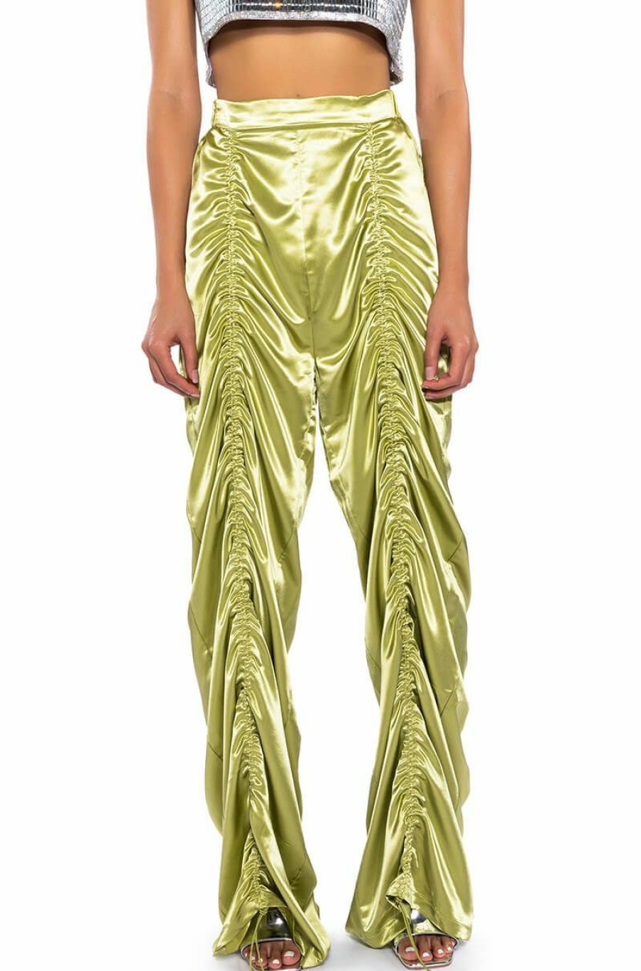 Bottoms * | Never Regular Cinched Satin High Rise Pants Green