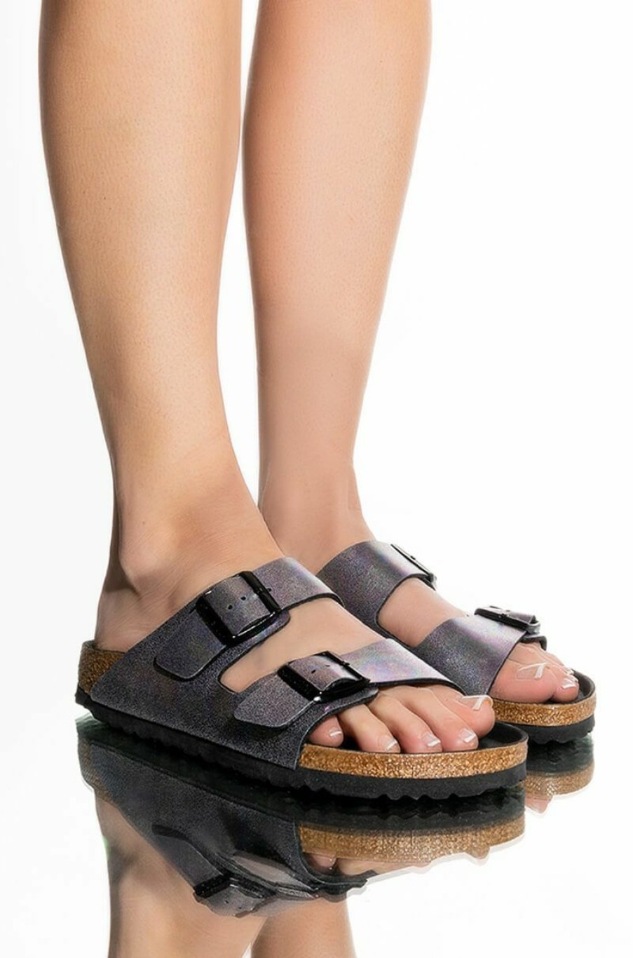 Shoes * | Birkenstock Narrow Fit Arizona Vegan Iridescent Microfiber Sandal Black Multi