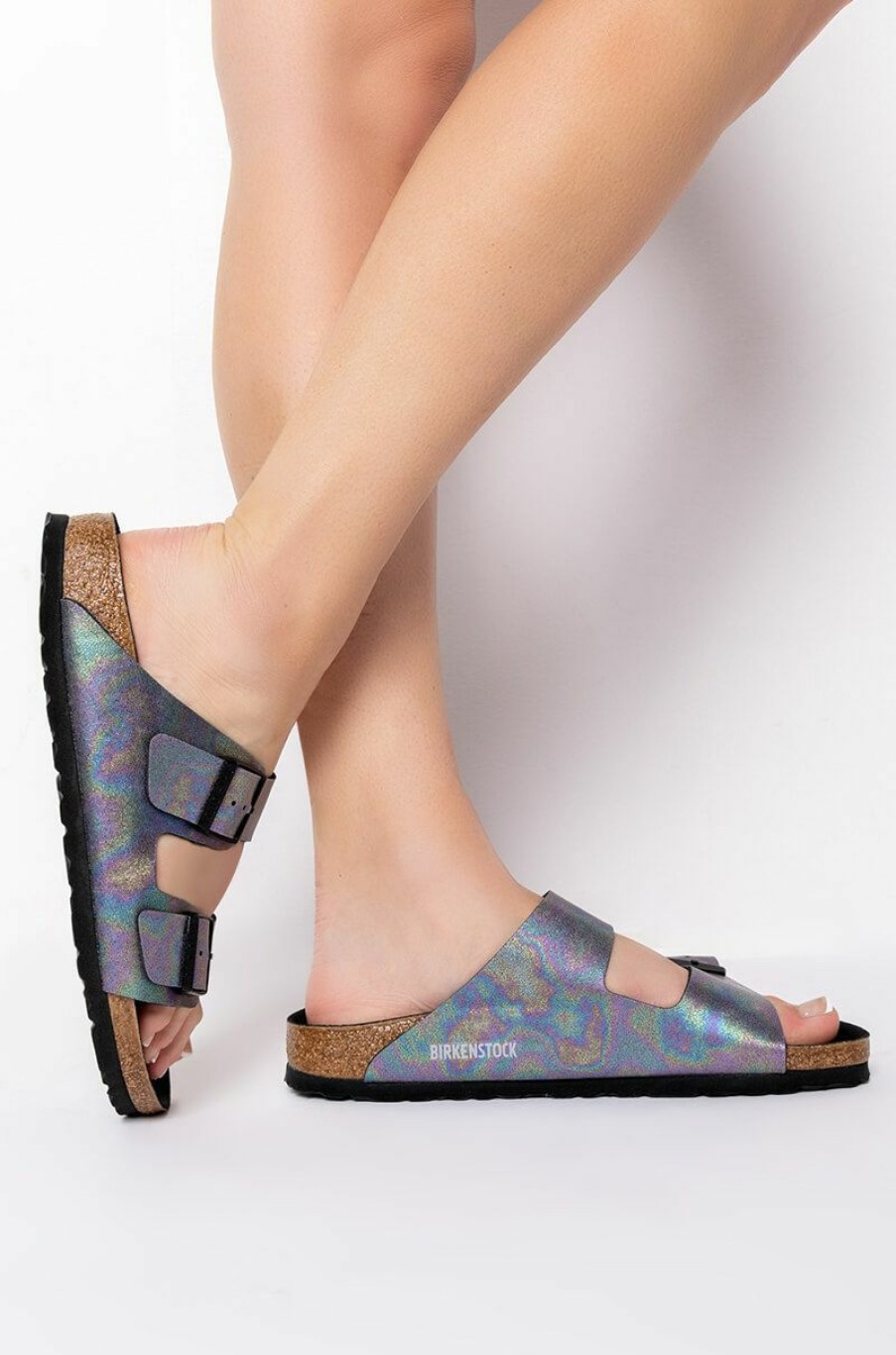 Shoes * | Birkenstock Narrow Fit Arizona Vegan Iridescent Microfiber Sandal Black Multi