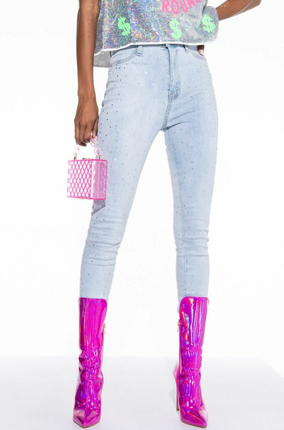 Bottoms * | Extreme Stretch High Waisted Skinny Jeans With Rhinestones