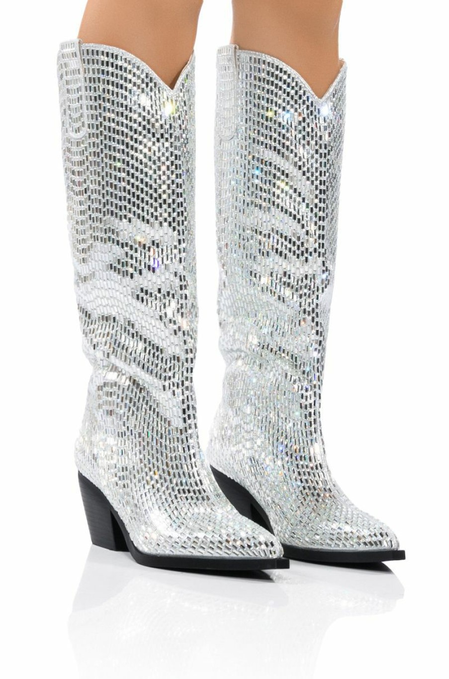 Shoes * | Azalea Wang Driven Rhinestone Western Boot In Silver