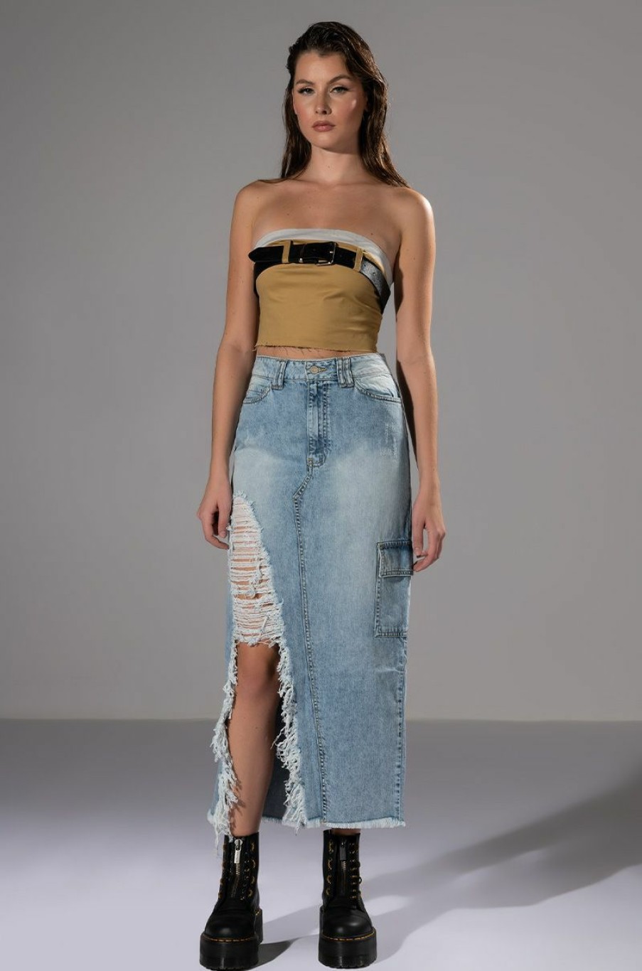 Bottoms * | Double Ohs Cargo Distressed Midi Skirt Light Blue Denim