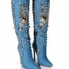 Shoes * | Azalea Wang And Diamonds Knee High Stiletto Western Boot In Denim