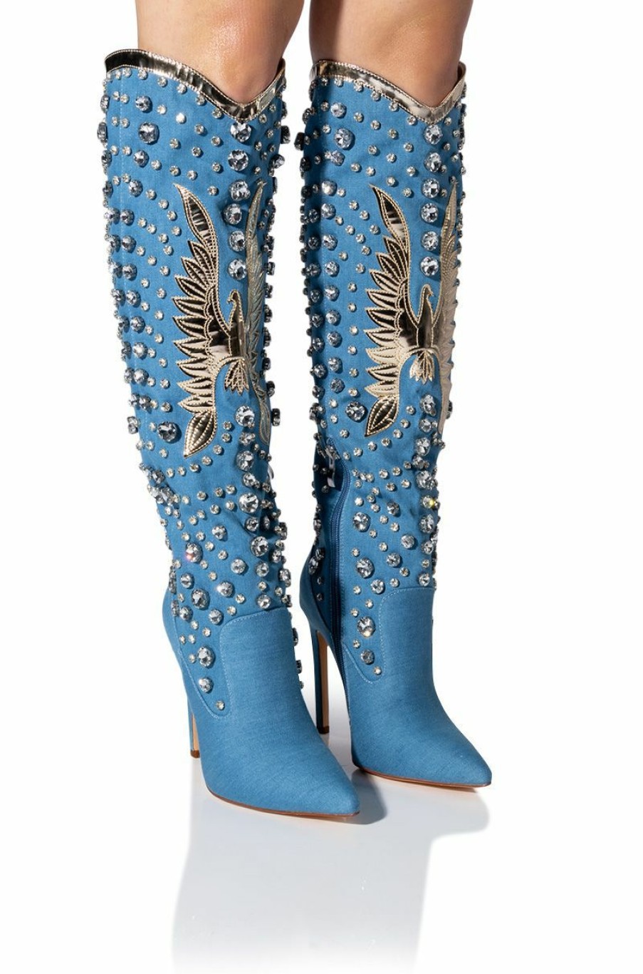 Shoes * | Azalea Wang And Diamonds Knee High Stiletto Western Boot In Denim