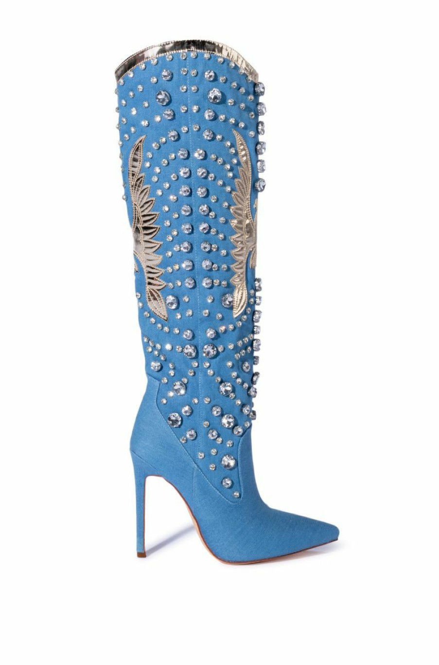 Shoes * | Azalea Wang And Diamonds Knee High Stiletto Western Boot In Denim