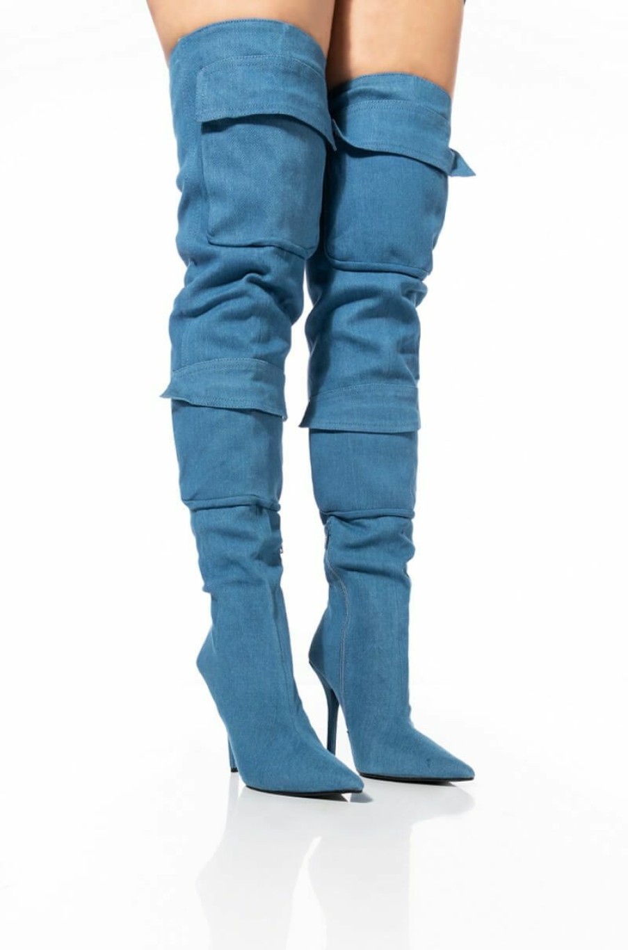 Shoes * | Motofox Stiletto Over The Knee Boot In Blue Denim