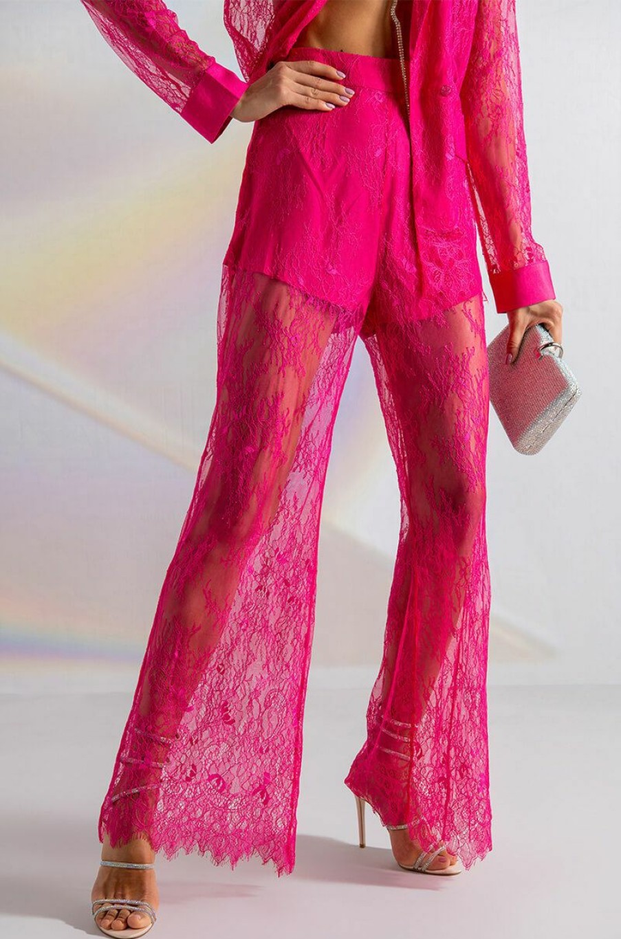 Bottoms * | Chic Life All Over Lace High Waist Wide Leg Trouser Pink