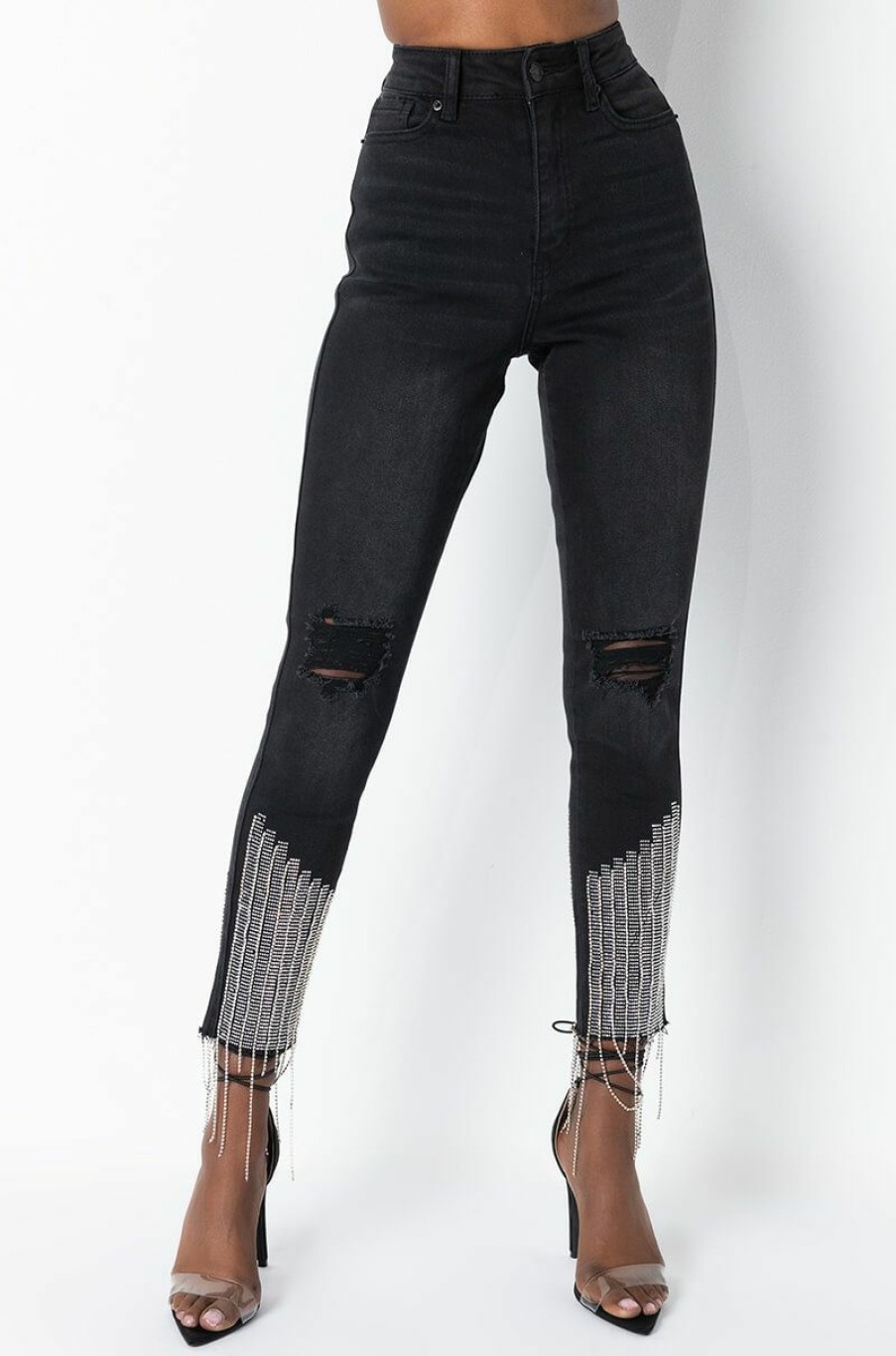 Bottoms * | Too Good High Waisted Rhinestone Fringe Skinny Jeans