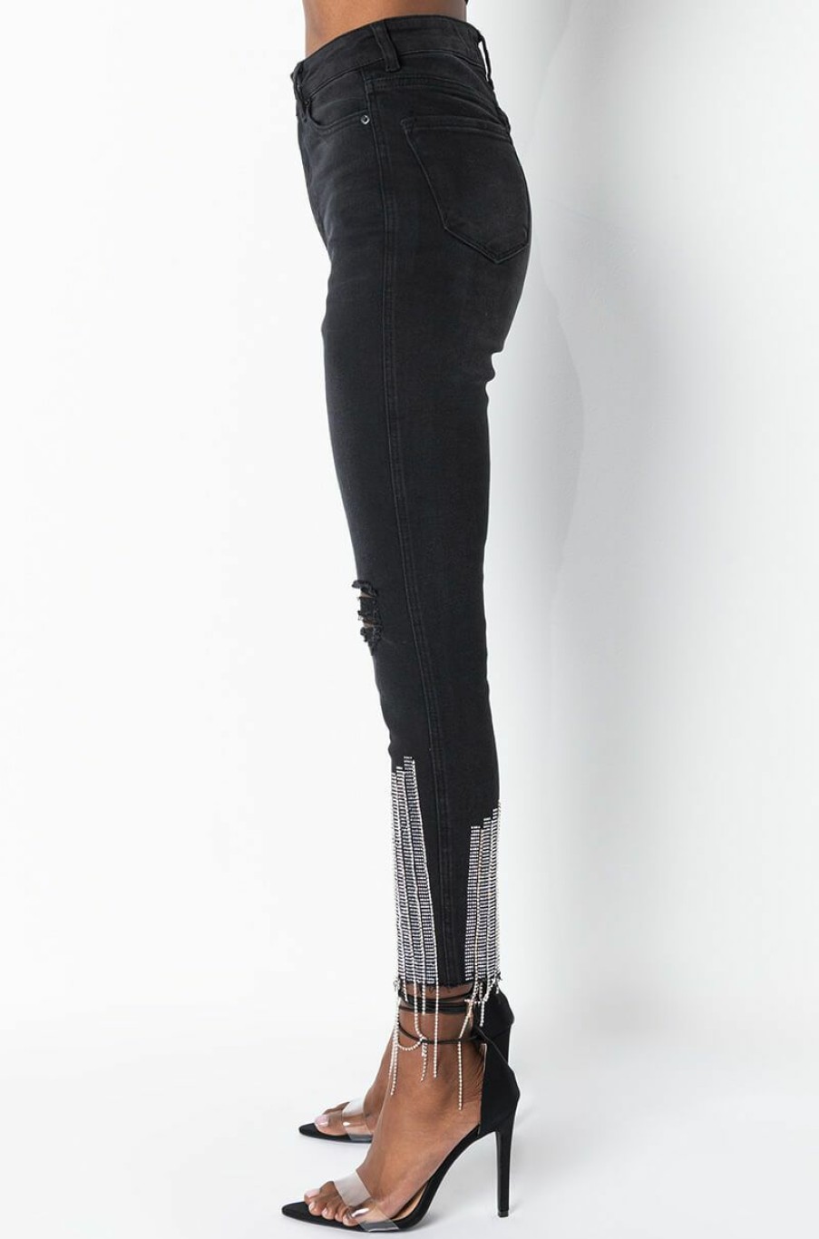 Bottoms * | Too Good High Waisted Rhinestone Fringe Skinny Jeans