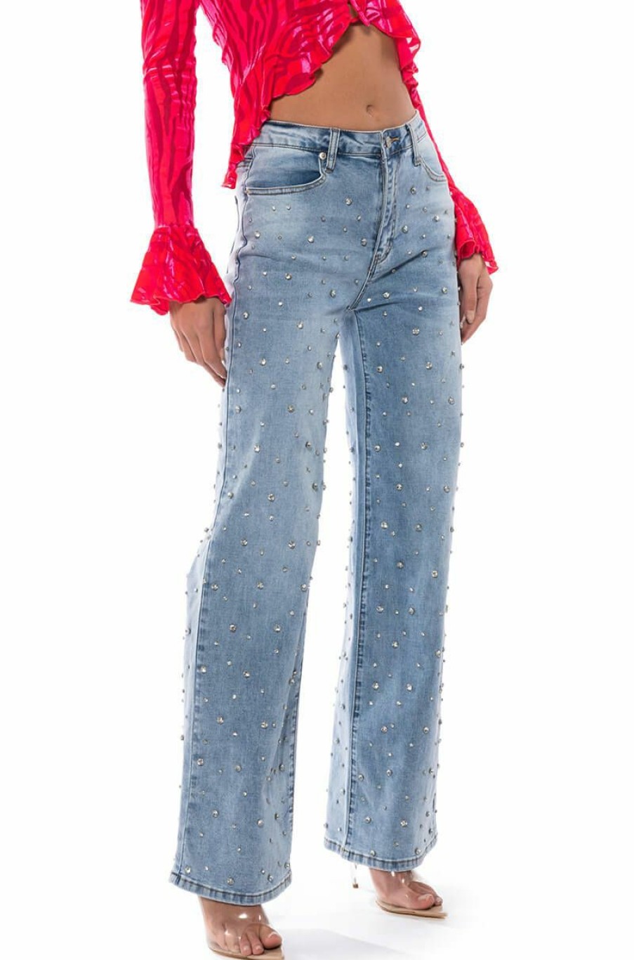 Bottoms * | Everytime Rhinestone Embellished Straight Leg Jeans Medium Blue Denim