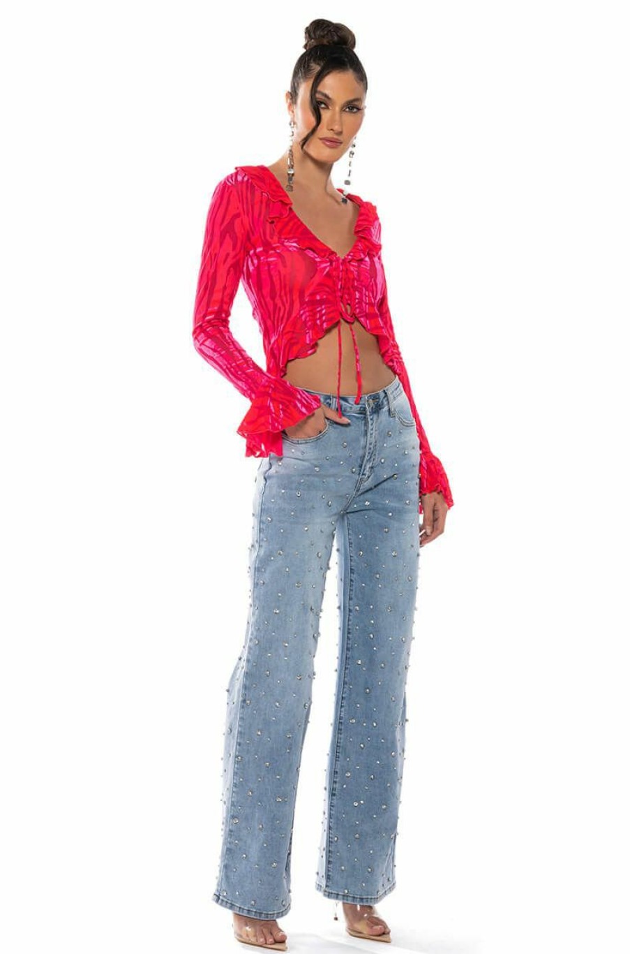 Bottoms * | Everytime Rhinestone Embellished Straight Leg Jeans Medium Blue Denim