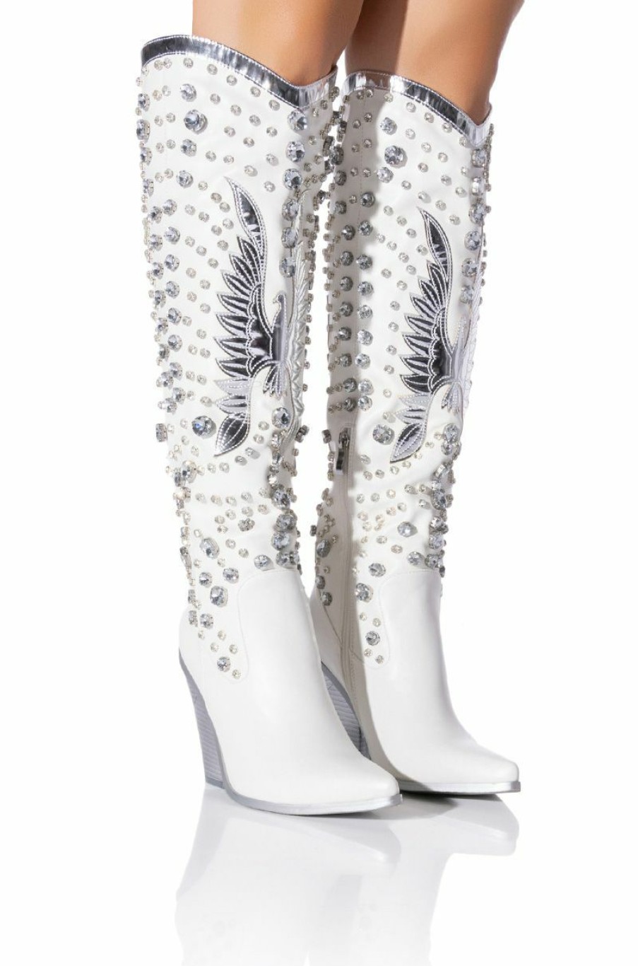 Shoes * | Azalea Wang Upbeat Rhinestone Embellished Western Boot In White