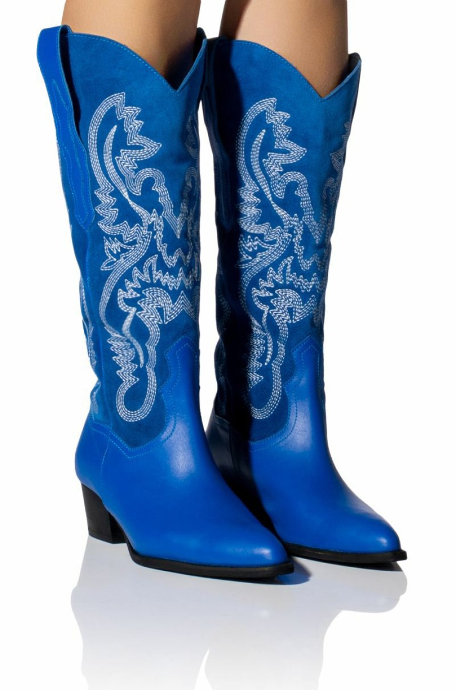 Shoes * | Genuine Leather Iggy Metallic Western Style Below The Knee Boot In Blue