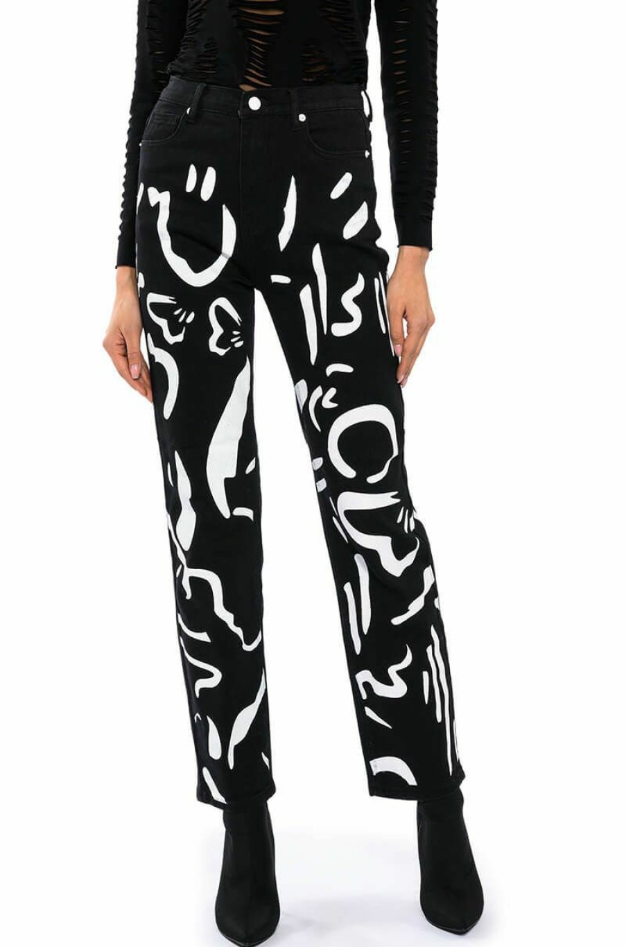 Bottoms * | Abstract Painted High Waisted Wide Leg Jean Black