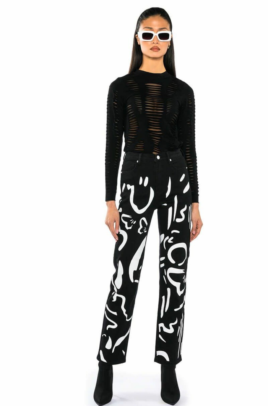 Bottoms * | Abstract Painted High Waisted Wide Leg Jean Black