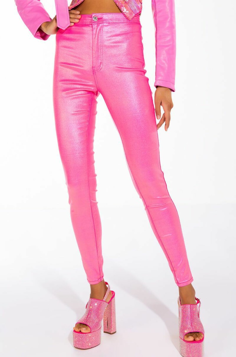 Bottoms * | Born To Shine Metallic Skinny Pants In Pink