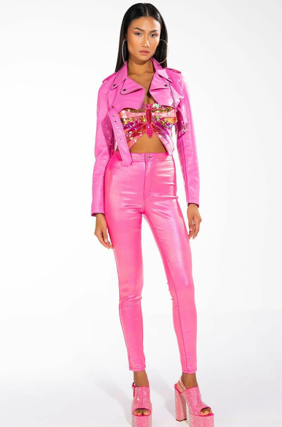 Bottoms * | Born To Shine Metallic Skinny Pants In Pink