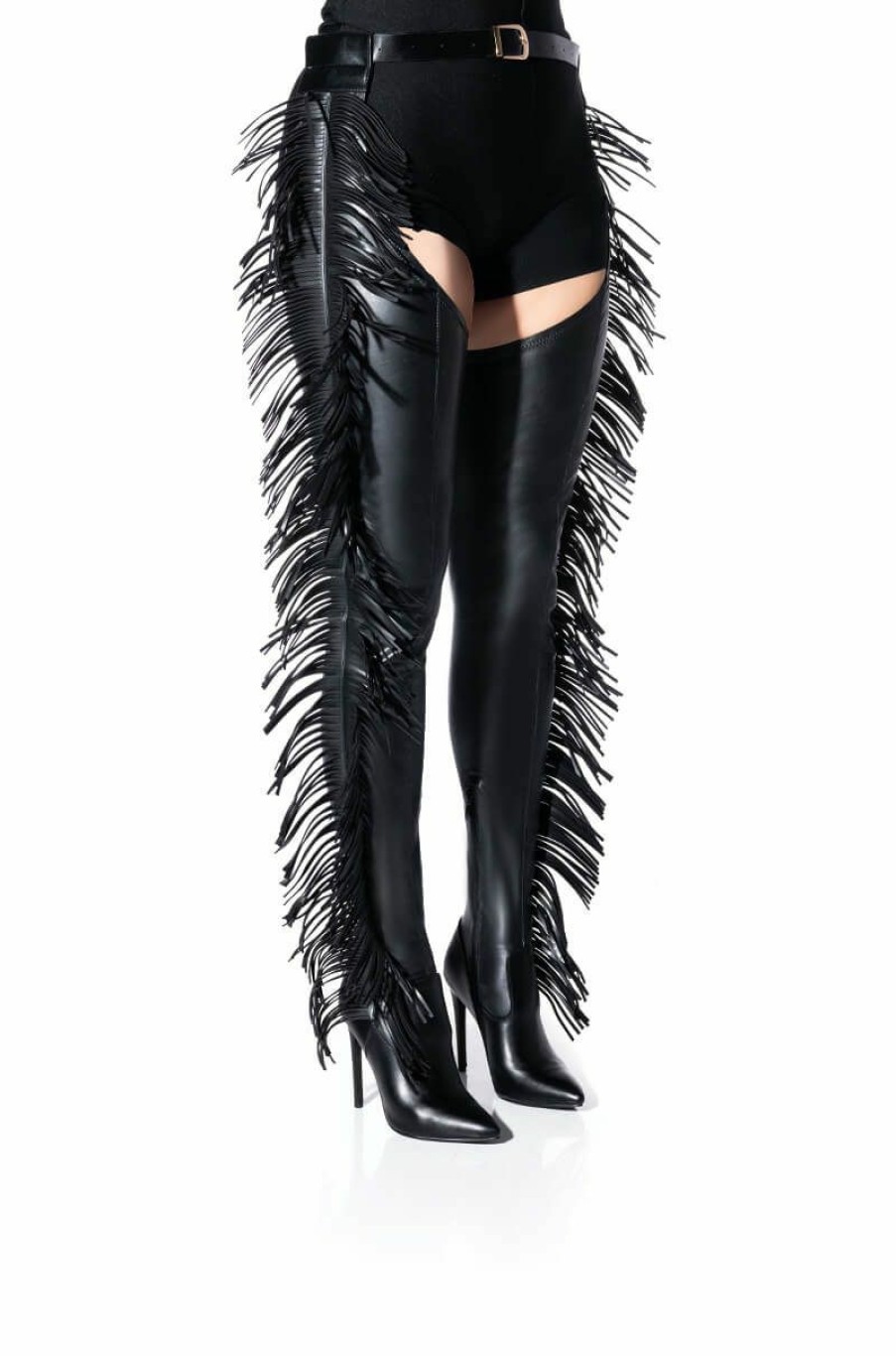 Shoes * | Azalea Wang Ride At Dawn Belted Thigh High Stiletto Fringe Chap Boot With 4 Way Stretch Black