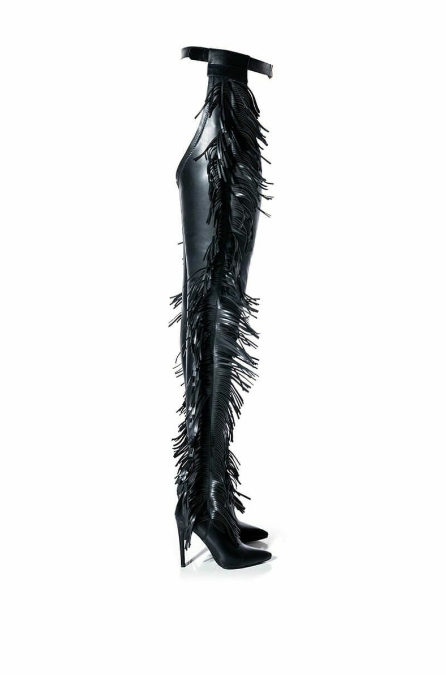 Shoes * | Azalea Wang Ride At Dawn Belted Thigh High Stiletto Fringe Chap Boot With 4 Way Stretch Black