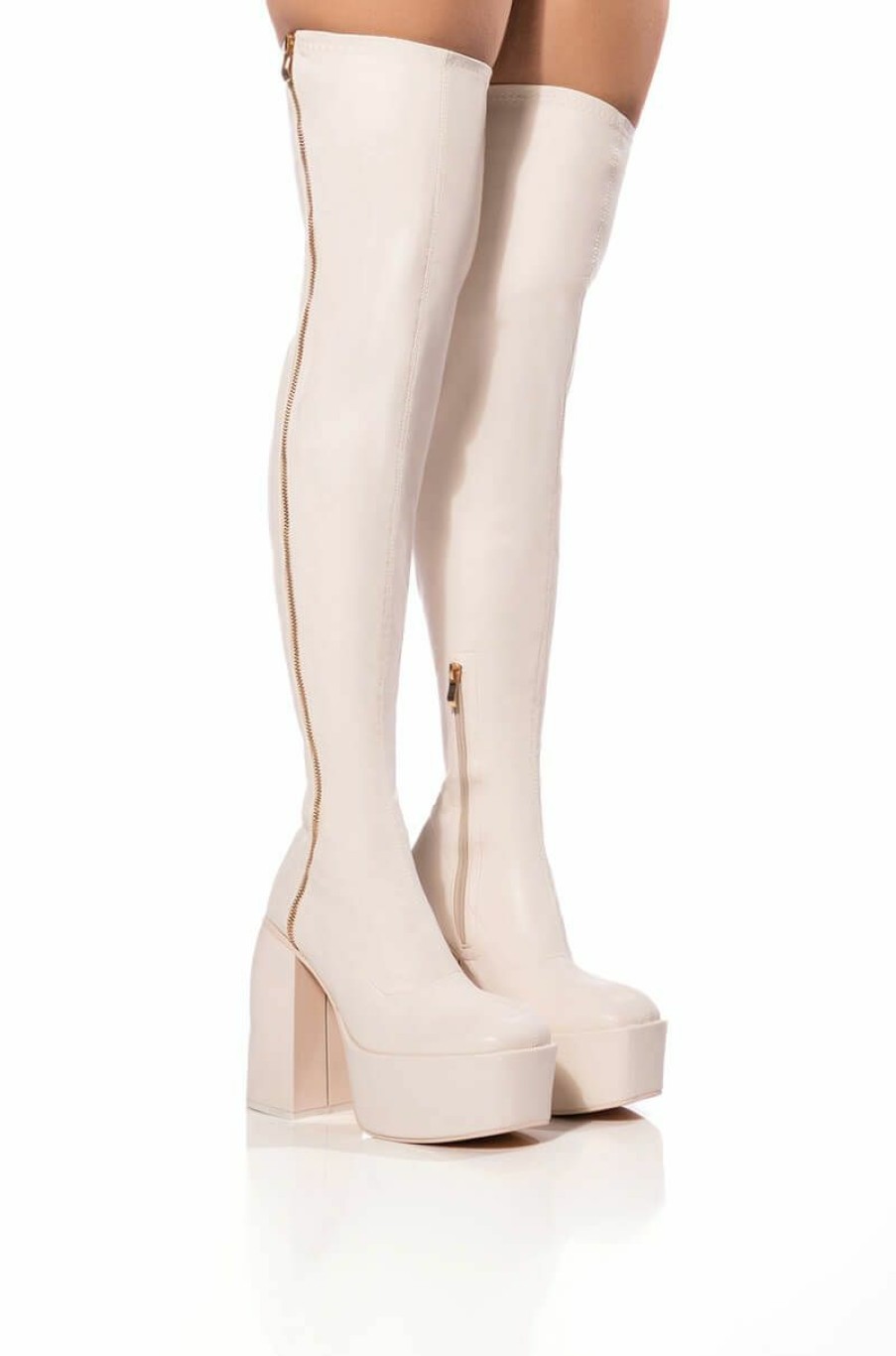 Shoes * | Ready To Mingle Over The Knee Pu Chunky Platform Boot In Cream