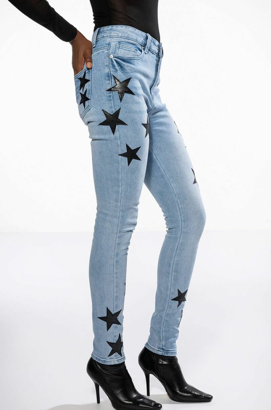 Bottoms * | Shining Star Patch Detail High Rise Skinny Jean Light Blue