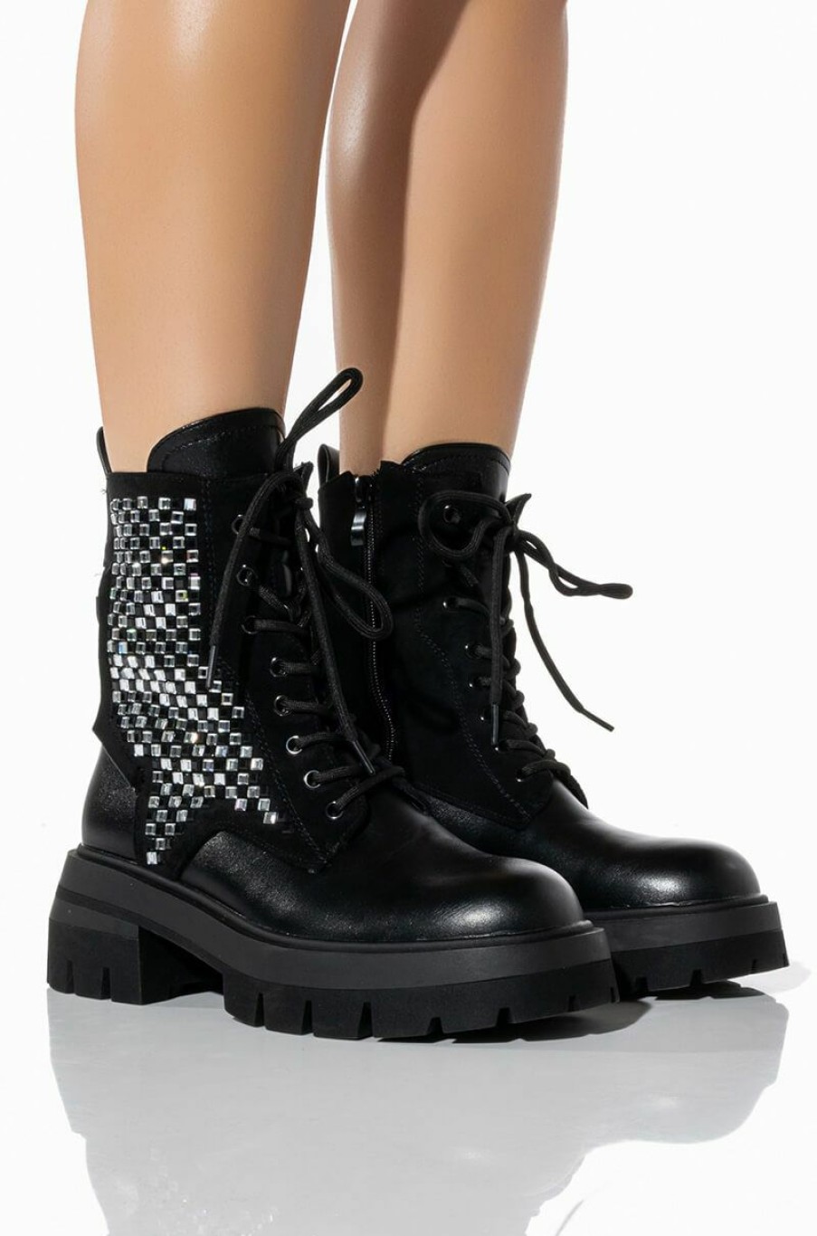 Shoes * | Azalea Wang She'S Thriving Flatform Bling Combat Boot In Black