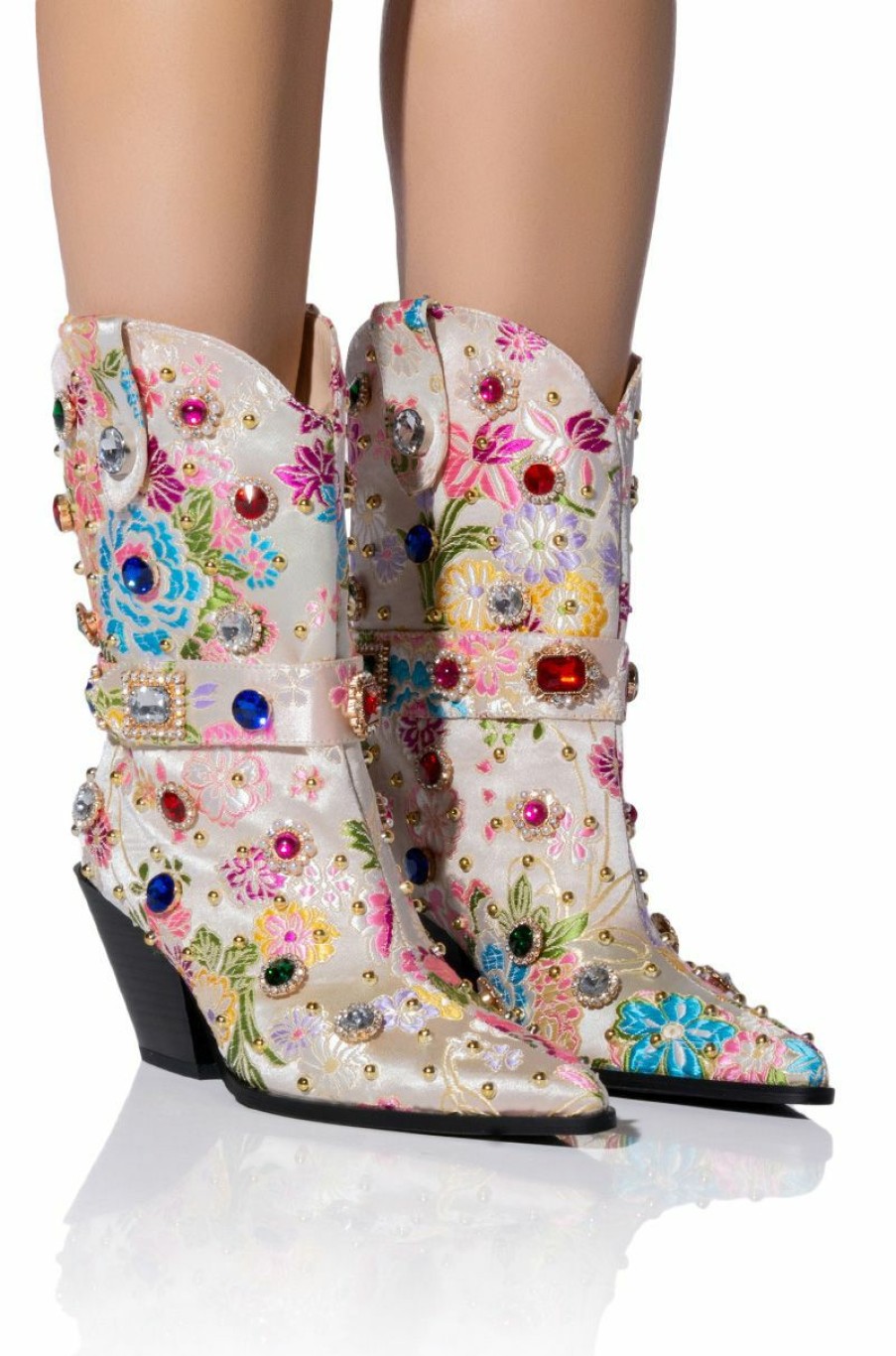 Shoes * | Azalea Wang Diligent Gem Embellished Brocade Western Bootie In Bone