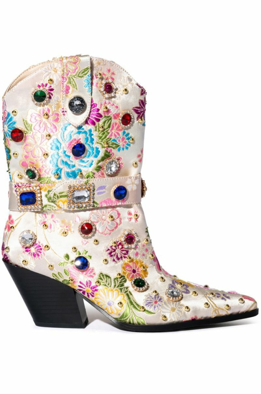 Shoes * | Azalea Wang Diligent Gem Embellished Brocade Western Bootie In Bone