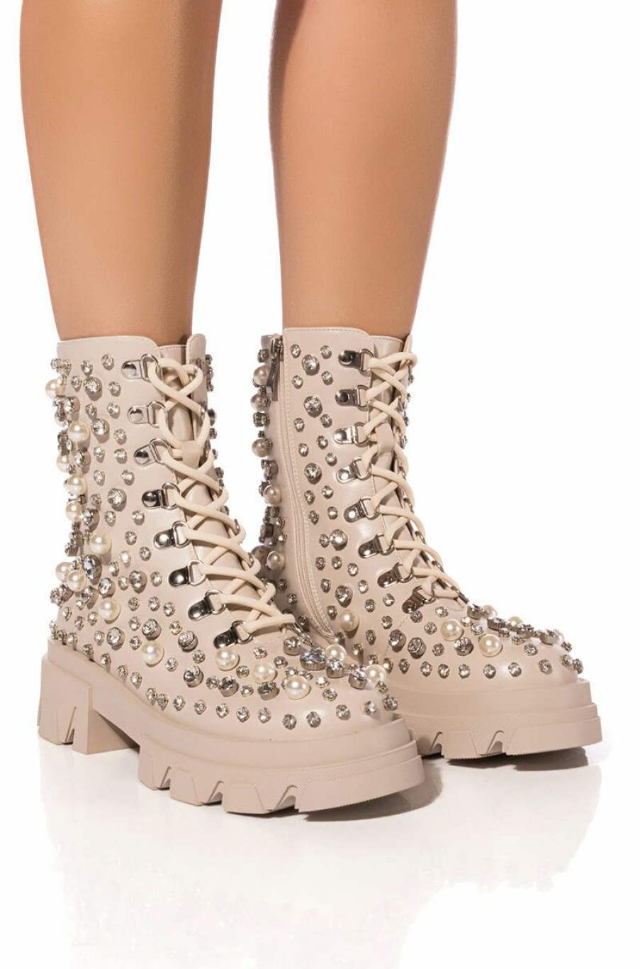 Shoes * | Azalea Wang Alaska Flatform Rhinestone Pearl Bootie In Bone