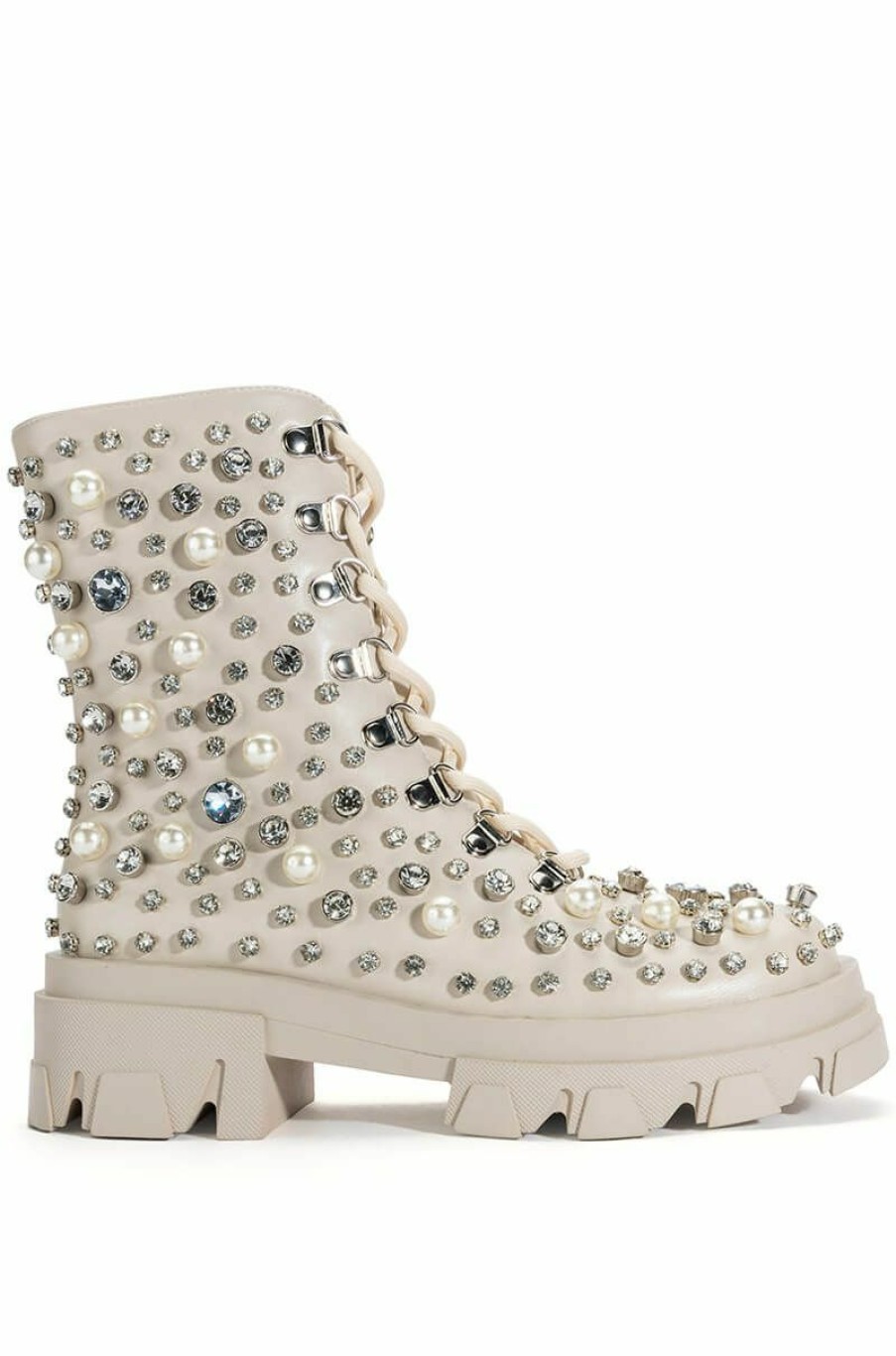 Shoes * | Azalea Wang Alaska Flatform Rhinestone Pearl Bootie In Bone