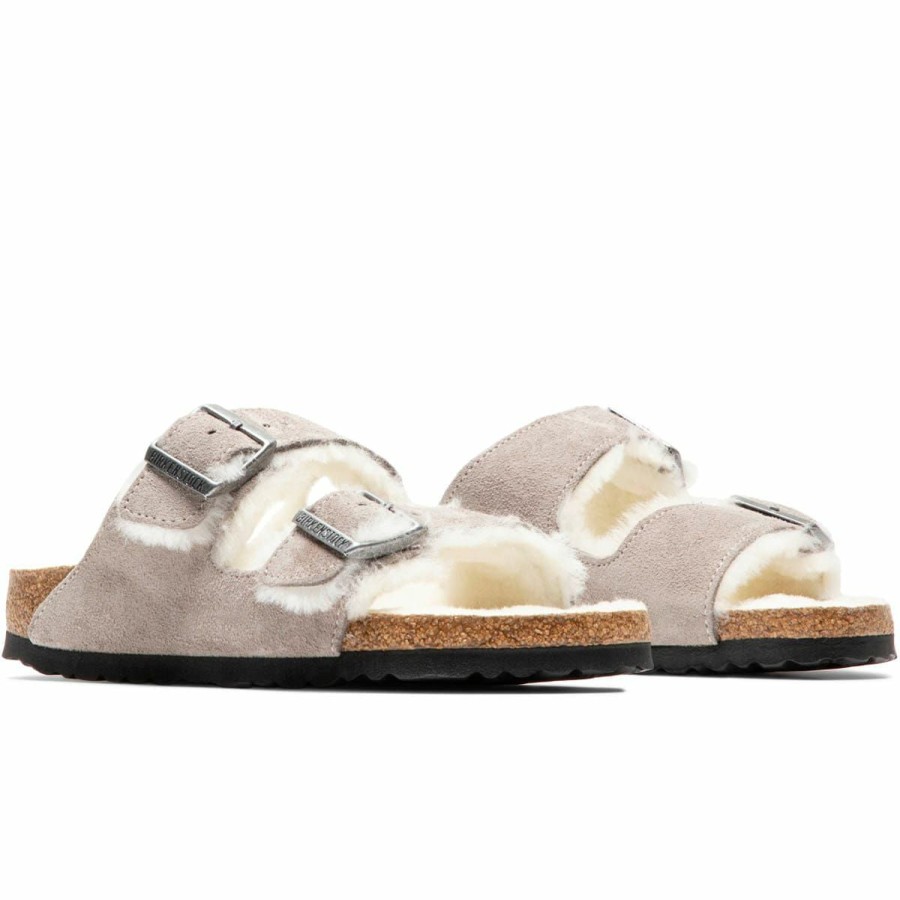 Footwear * | Birkenstock Women'S Arizona Shearling Suede Stone Coin/Natural