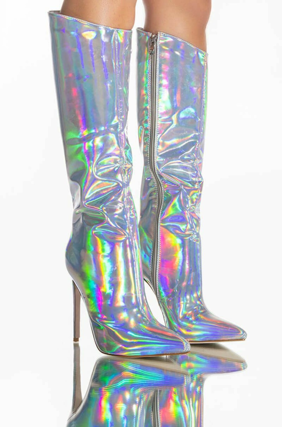 Shoes * | Azalea Wang Dont Wanna Fall In Love Holographic Stiletto Boot In Silver