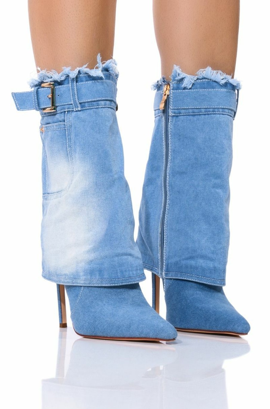 Shoes * | Azalea Wang Double Down Fold Over Stiletto Bootie Denim