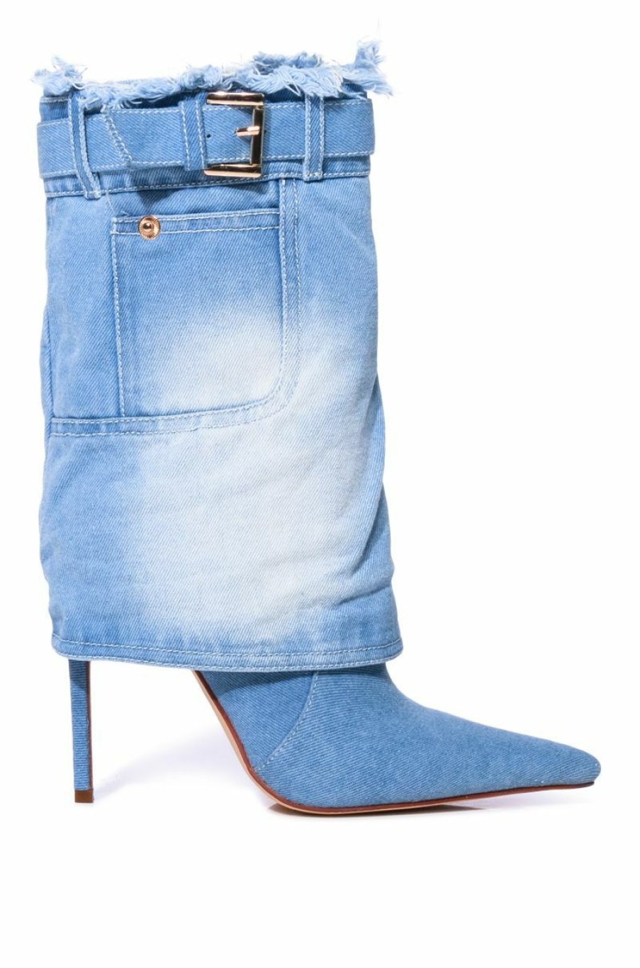 Shoes * | Azalea Wang Double Down Fold Over Stiletto Bootie Denim