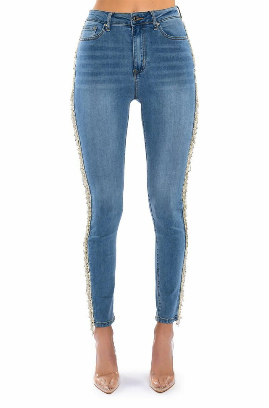 Bottoms * | Felling Like A Star High Rise Rhinestone Skinny Jeans Medium Blue Denim