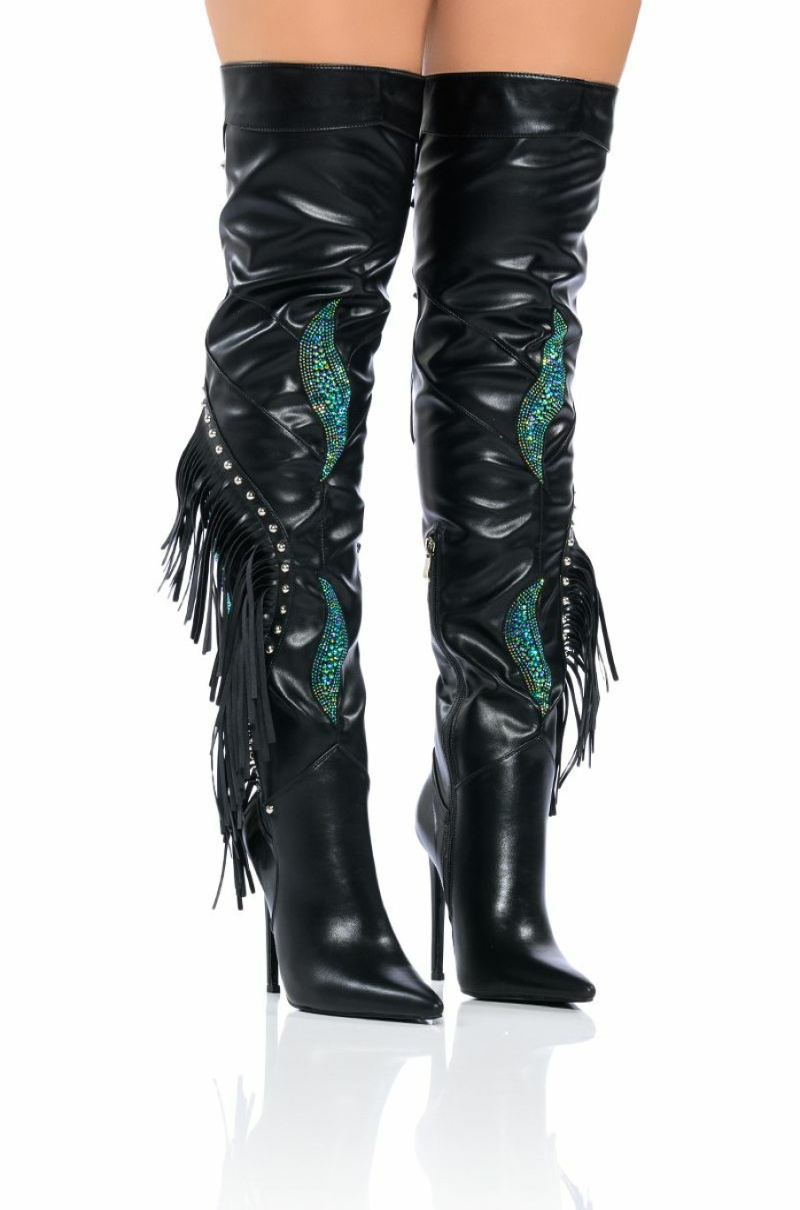 Shoes * | Next Up Rhinestone Over The Knee Stiletto Boot With Fringe In Black