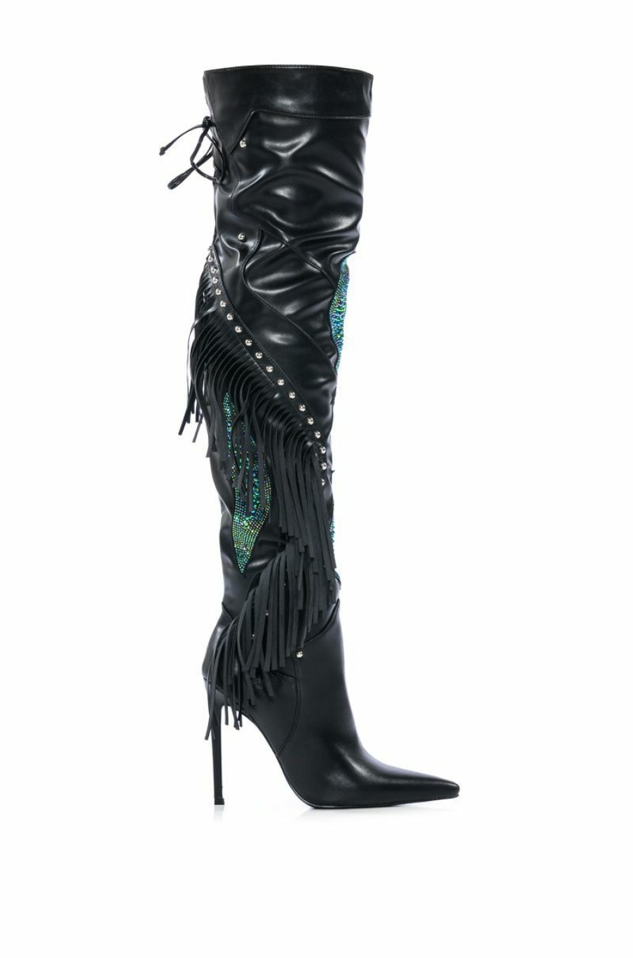 Shoes * | Next Up Rhinestone Over The Knee Stiletto Boot With Fringe In Black