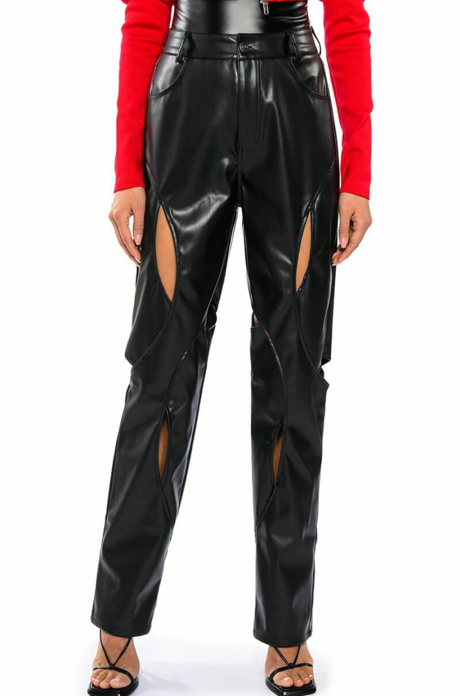 Bottoms * | Jump Around Relaxed Cutout Faux Leather Pant Black