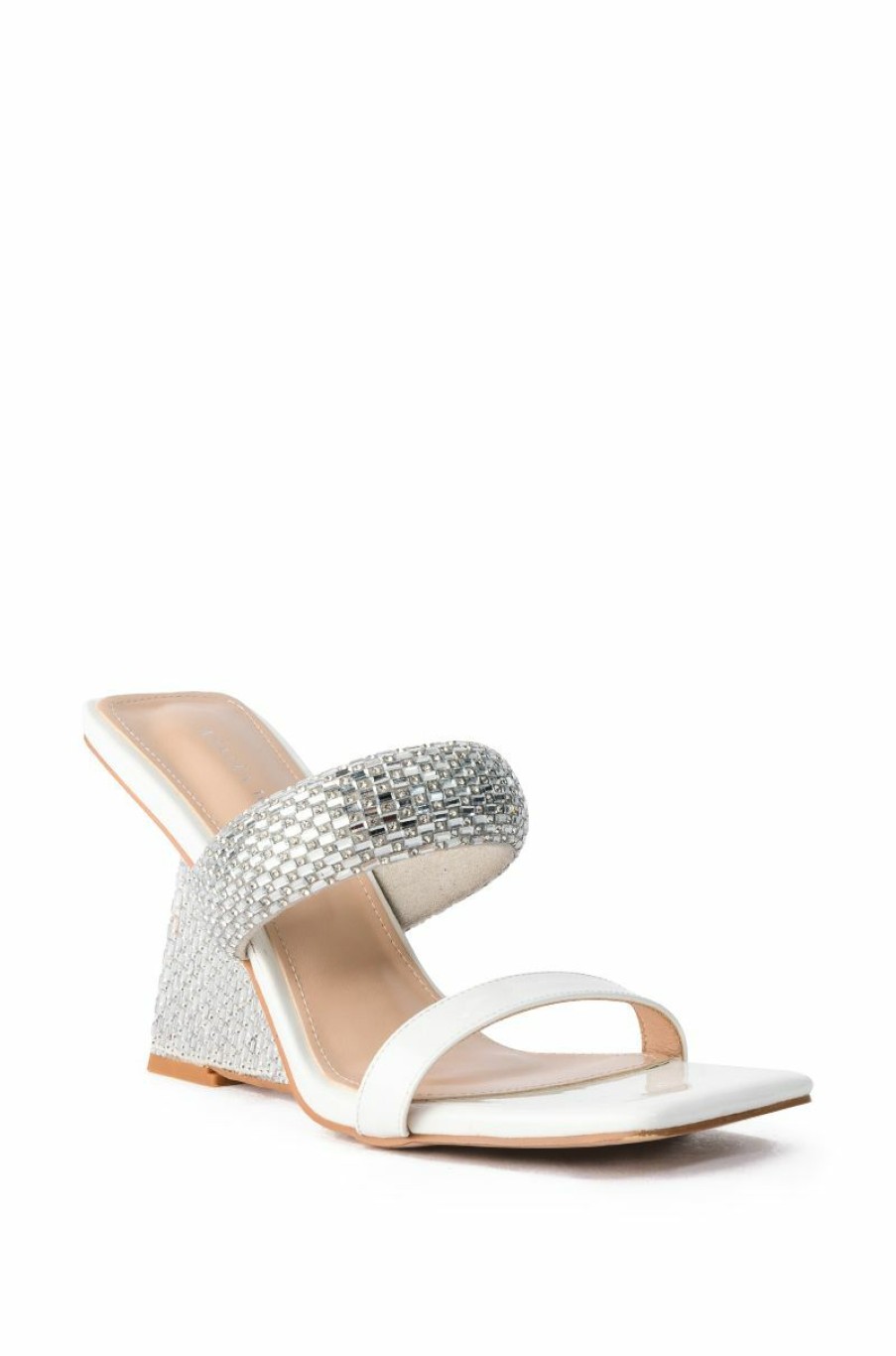 Shoes * | Azalea Wang Graham Patent Wedge Embellished Sandal In White