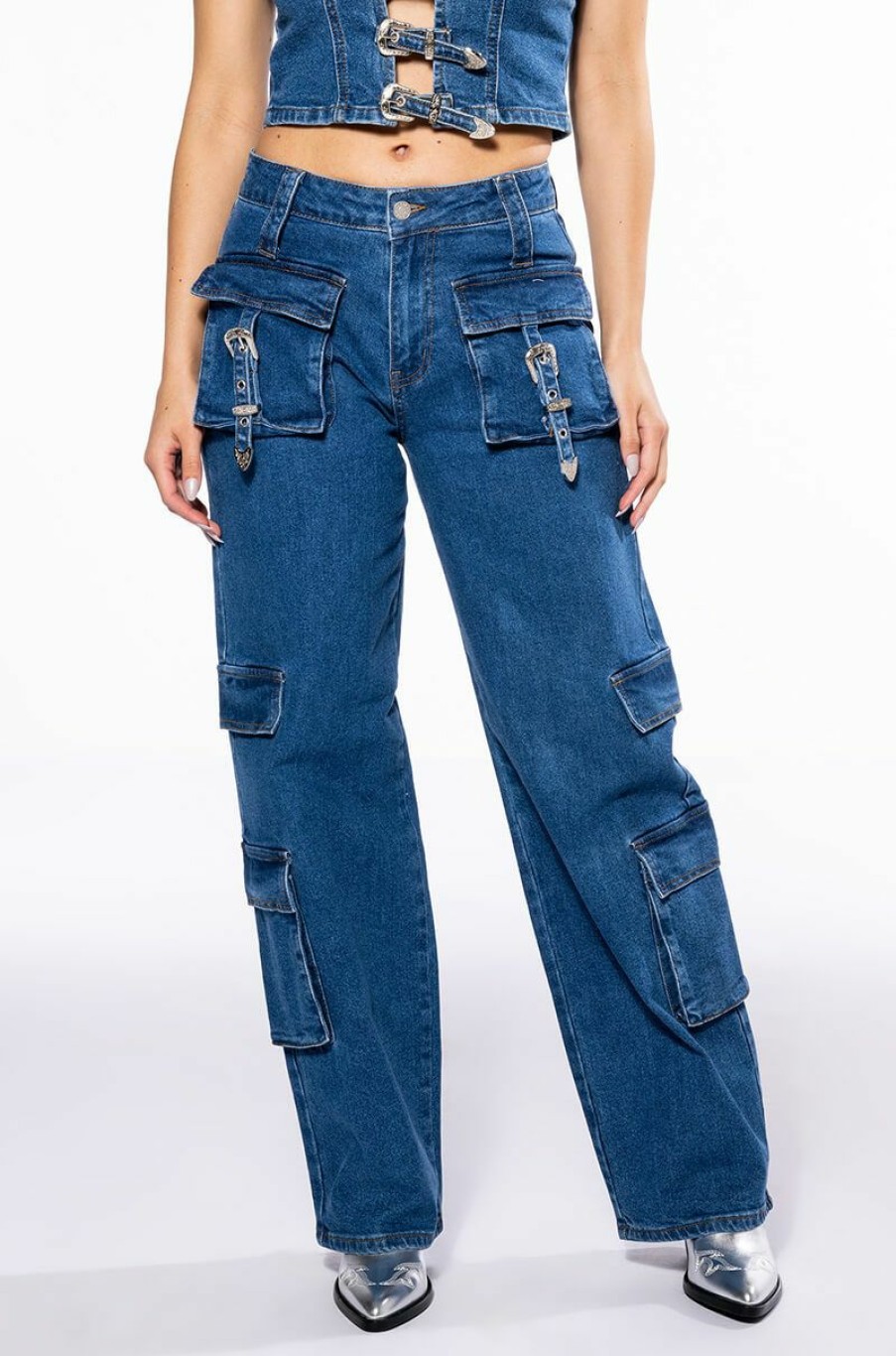 Bottoms * | Calypso Mid Rise Wide Leg Jeans Dark Blue